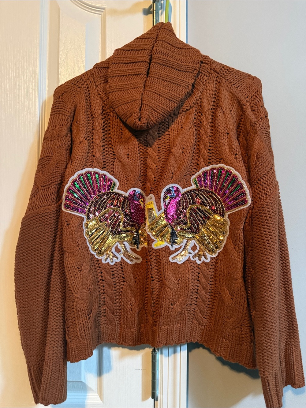 Judith March Brown Cable Knit Hoodie with Sequined Turkey Motif - Picture 1 of 6